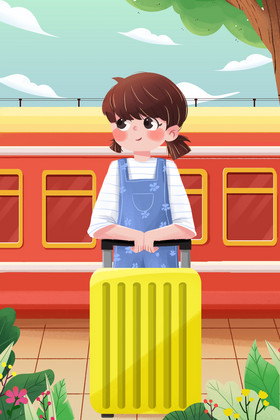 旅行女孩行李车站等待微笑植物树荫插画