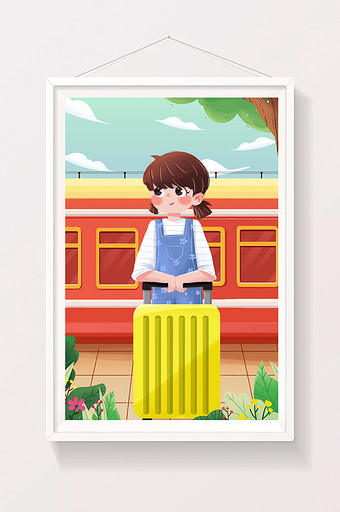 旅行女孩行李车站等待微笑植物树荫插画图片