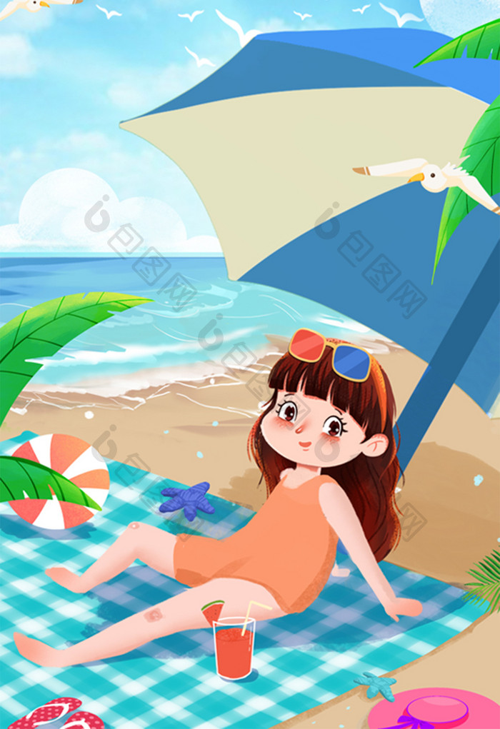 旅游女孩户外沙滩露营水果饮料遮阳伞插画