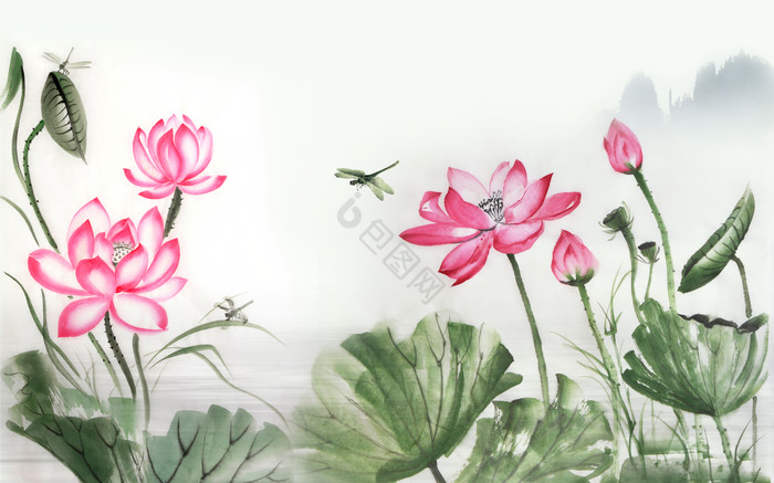 新中式水墨荷花莲花中式装饰画背景墙图片