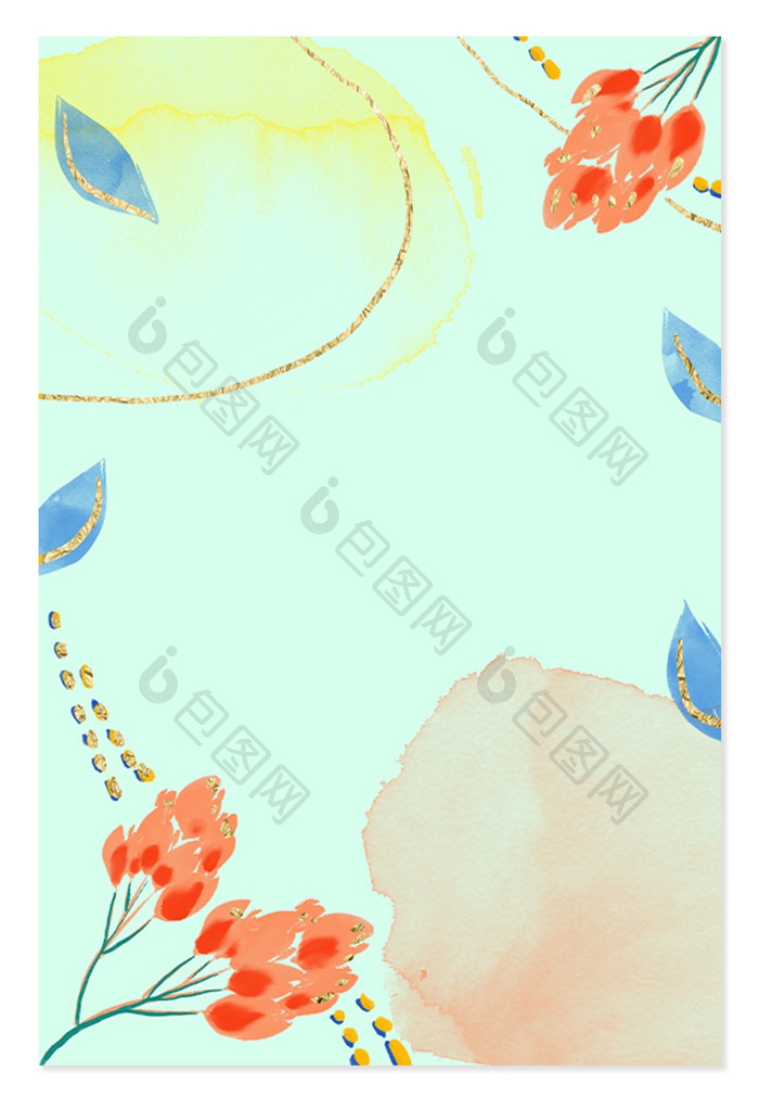 夏季水彩树叶花朵背景插画