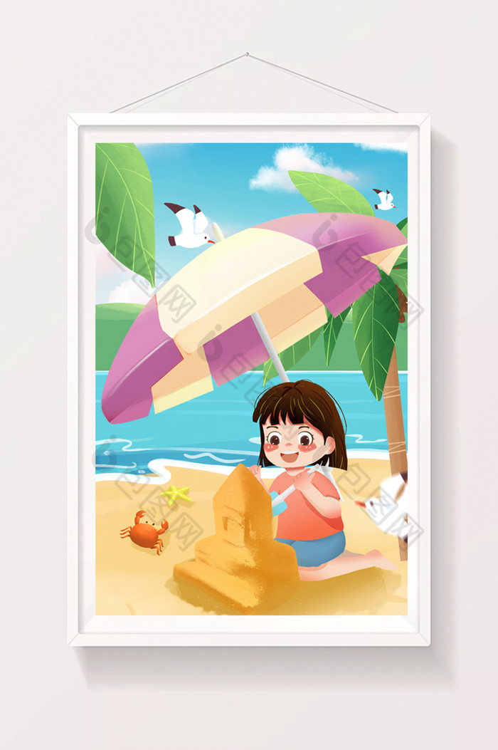 旅游沙滩女孩玩乐沙雕螃蟹遮阳伞海鸥插画图片图片