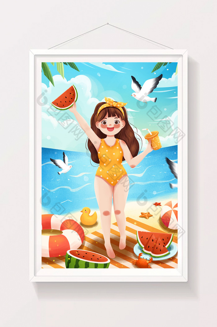 二十四节气大暑海边泳衣女孩吃西瓜插画