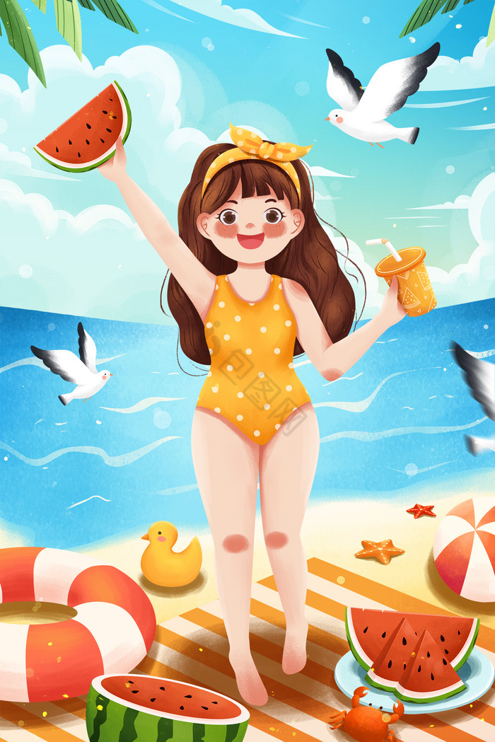 二十四节气大暑海边泳衣女孩吃西瓜插画图片