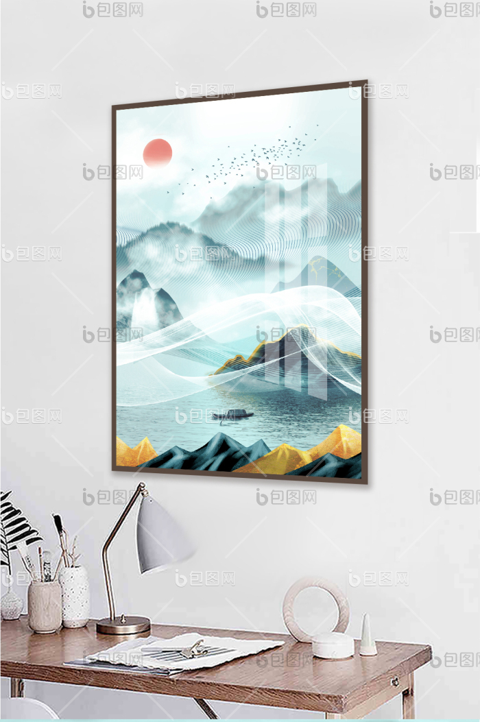 新中式水墨抽象山水金色客厅装饰画-新中式水墨抽象山水金色客厅装饰画效果图-【包图网】