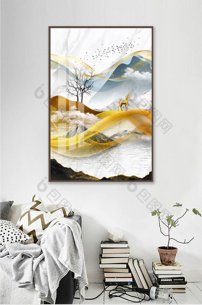 新中式水墨山水金色麋鹿抽象线条装饰画