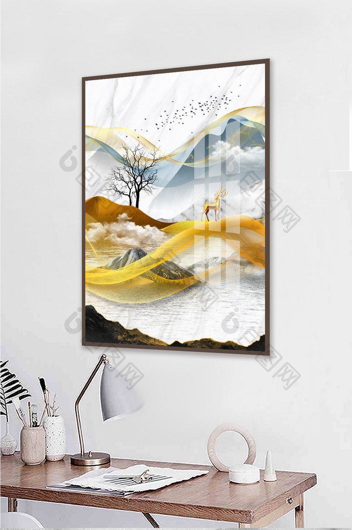 新中式水墨山水金色麋鹿抽象线条装饰画