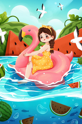 二十四节气大暑游泳圈女孩西瓜小暑夏季插画