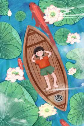 清凉舒适夏日荷塘插画图片