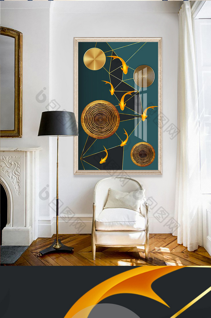 现代轻奢几何金色线条游鱼抽象玄关装饰画