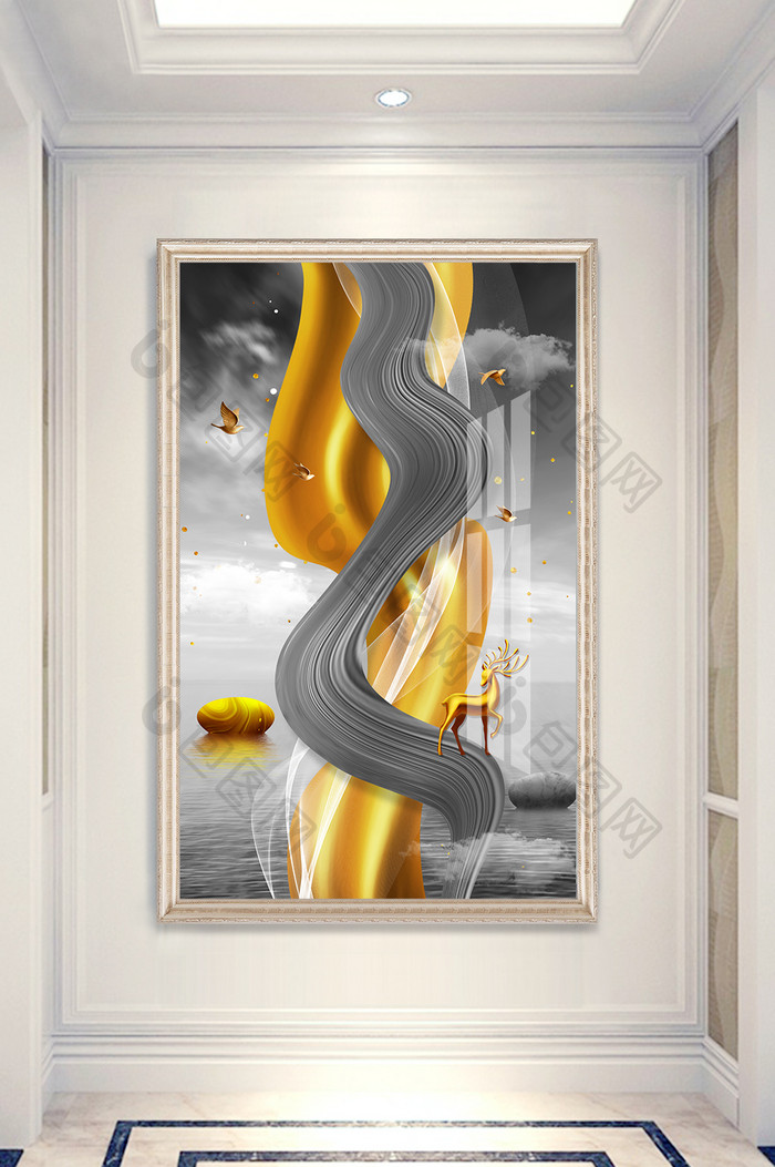 新中式抽象金色飘带线条麋鹿玄关装饰画