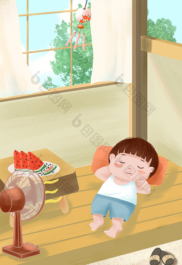 大暑夏季24节气电风扇凉风午睡插画