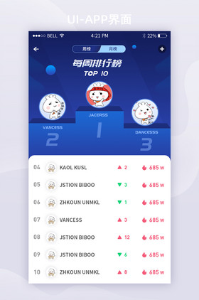 深蓝色扁平风格移动端app排行版列表设计