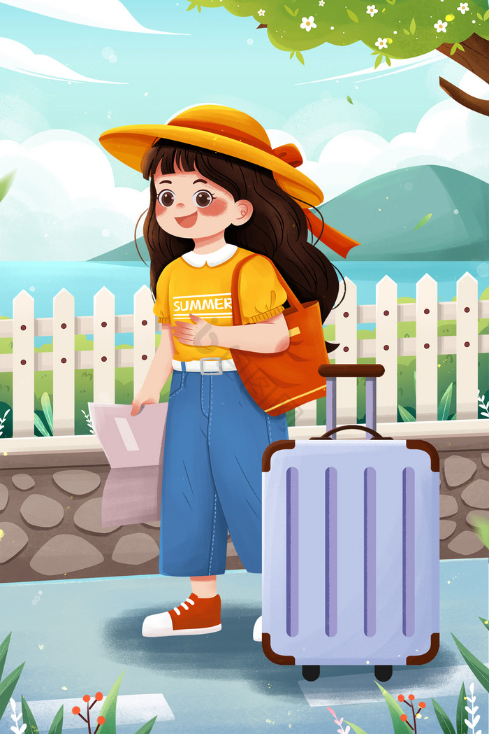 旅游行旅箱女孩旅行夏季出游插画图片