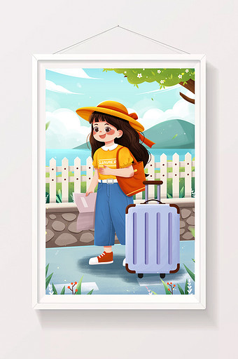 清新旅游行旅箱女孩旅行夏季出游插画图片