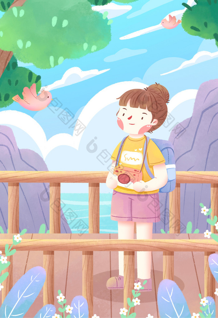 手绘清新女孩假期旅游插画