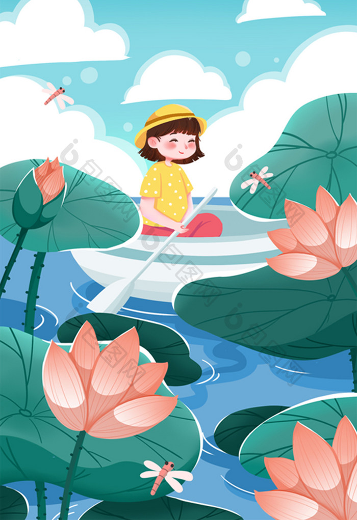 小暑节气悠闲划船避暑荷花荷叶蜻蜓绿色插画