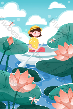 小暑节气悠闲划船避暑荷花荷叶蜻蜓插画