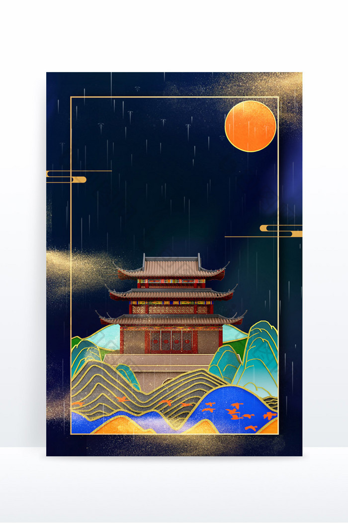 简约鎏金金沙粒子中式建筑立体背景