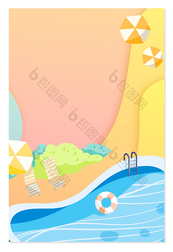 橙色剪纸风夏日泳池沙滩背景
