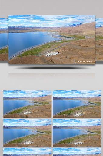 风景蓝天白云下的湖畔湖心蓝色湖水4k航拍图片