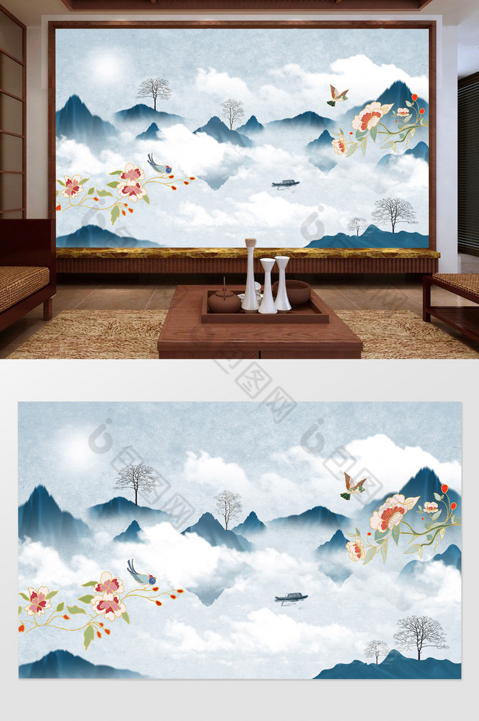 新中式水墨山水工笔花鸟电视背景墙图片图片