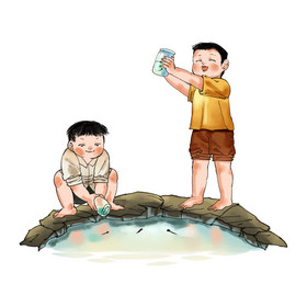 大暑抓蝌蚪的小男孩