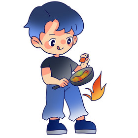 烹饪的蓝发男孩