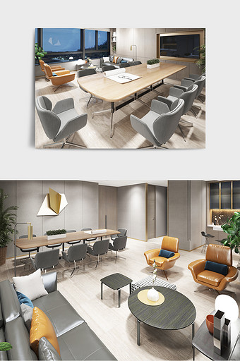 办公会议室会客室3D效果图方案图片