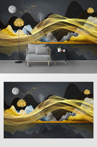 现代轻奢抽象山水金色线条飞鸟电视背景墙图片