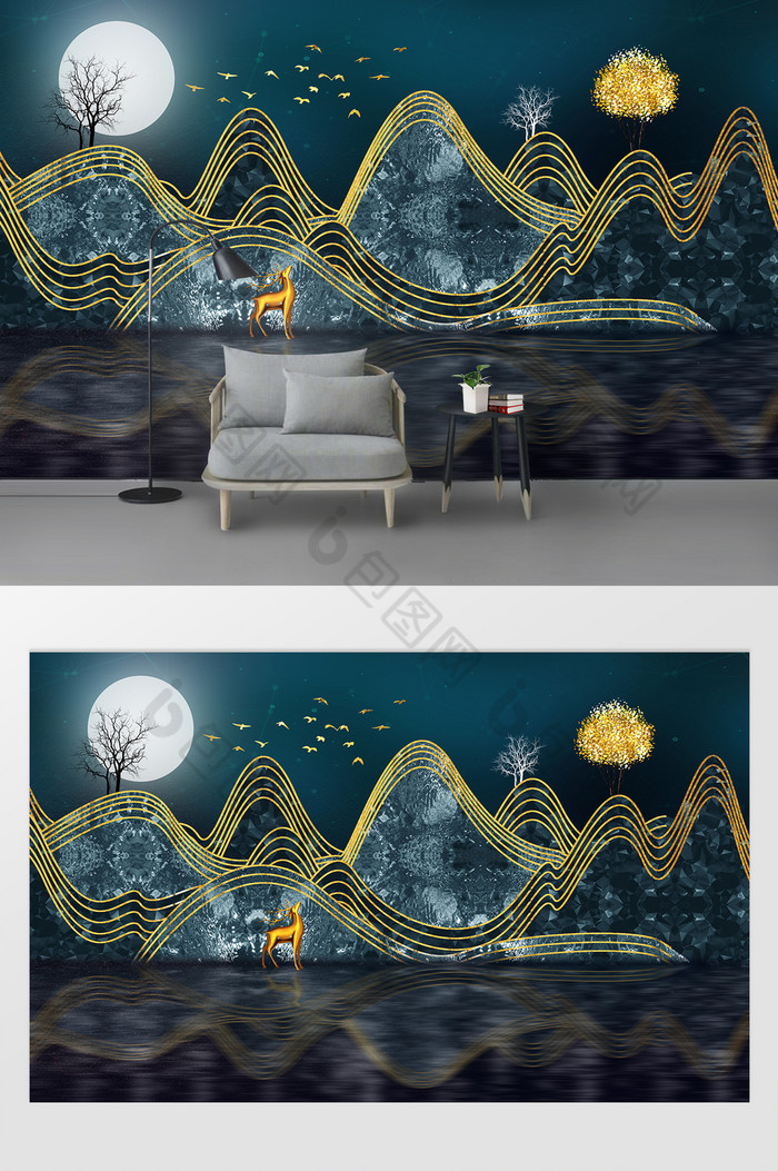 现代轻奢抽象金色山水麋鹿沙发背景墙图片图片