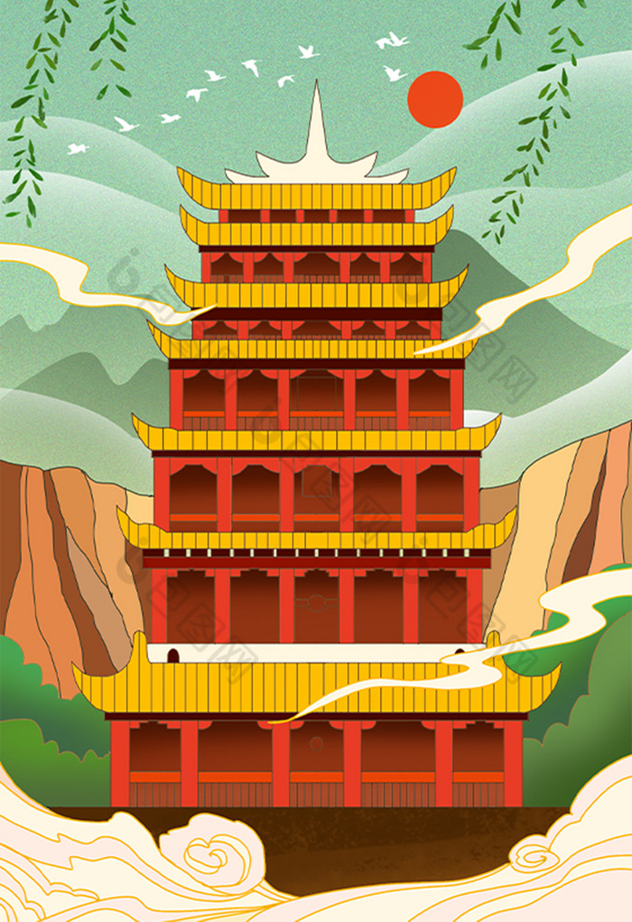 敦煌莫高窟旅游插画图片