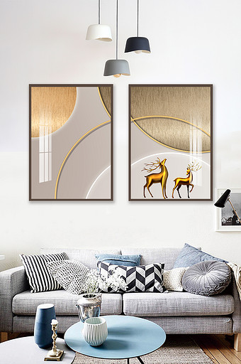 现代轻奢创意拉丝金属圆金色小鹿装饰画图片