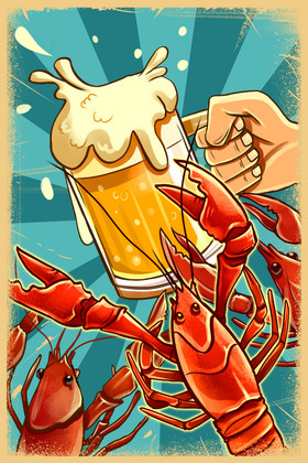 夏天啤酒小龙虾插画