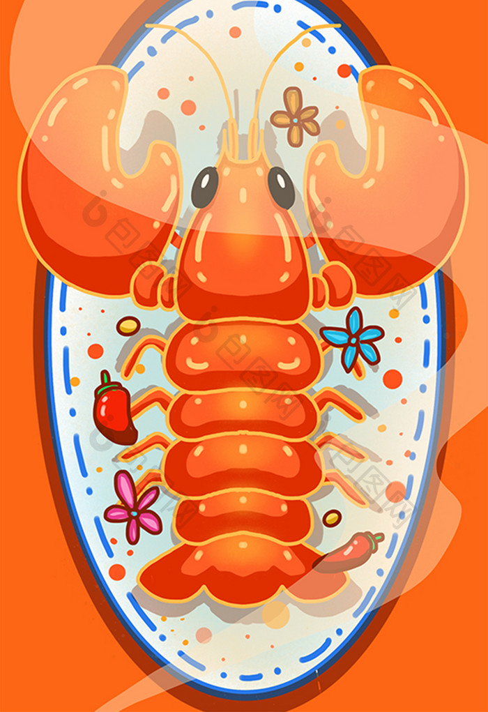 暖色调小龙虾美食插画