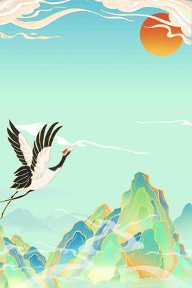 国潮山水仙鹤祥云古典背景图片