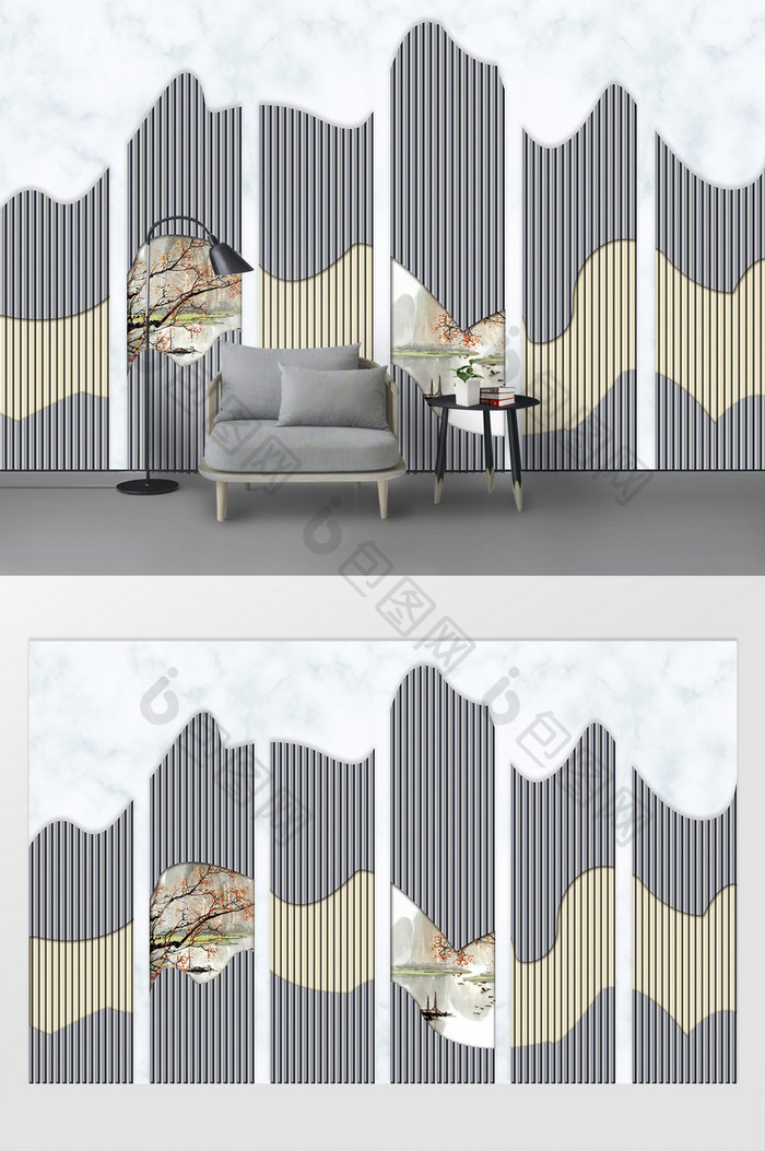 新现代创意抽象山水线条背景墙