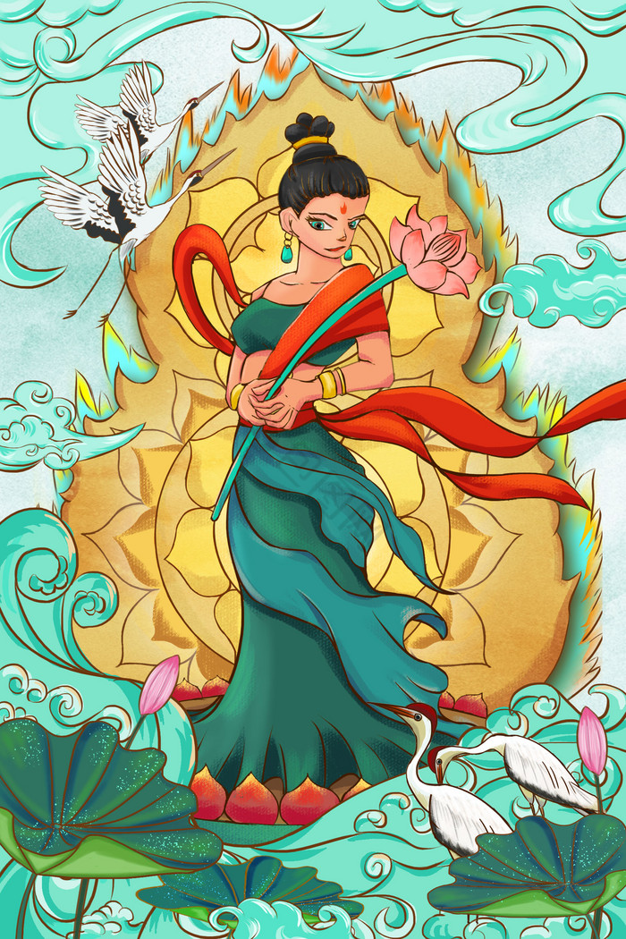 青调敦煌插画仙女莲花壁画