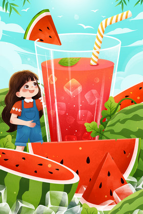 夏季冰镇西瓜西瓜汁小暑大暑插画图片