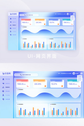 蓝色玻璃拟态网页设计全套网页数据首页