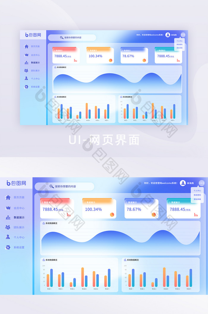 蓝色玻璃拟态网页设计全套网页数据首页