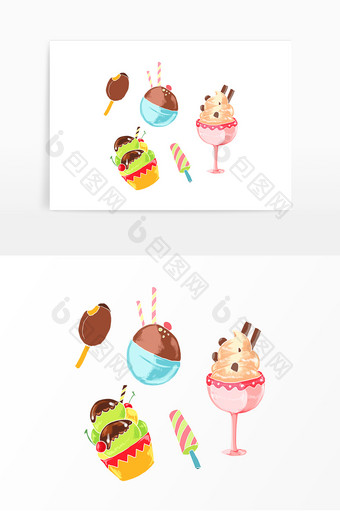 夏天食品甜品组合插画图片