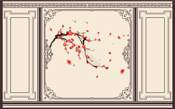 新现代手绘梅花镶嵌花格背景墙图片