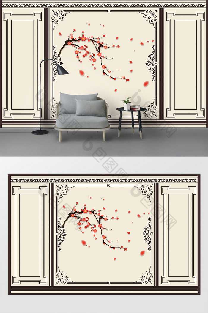 新现代手绘梅花镶嵌花格背景墙图片图片