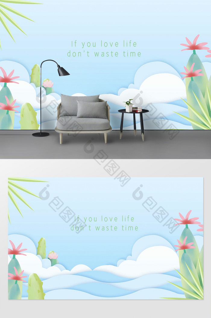 蓝色小清新植物ins风格背景墙图片图片