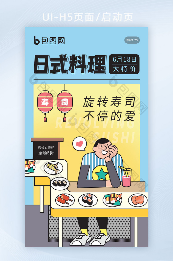 日式寿司韩式料理美食烧烤夜宵促销闪屏海报