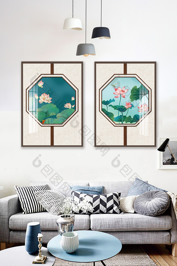 创意中国风手绘荷花客厅装饰画