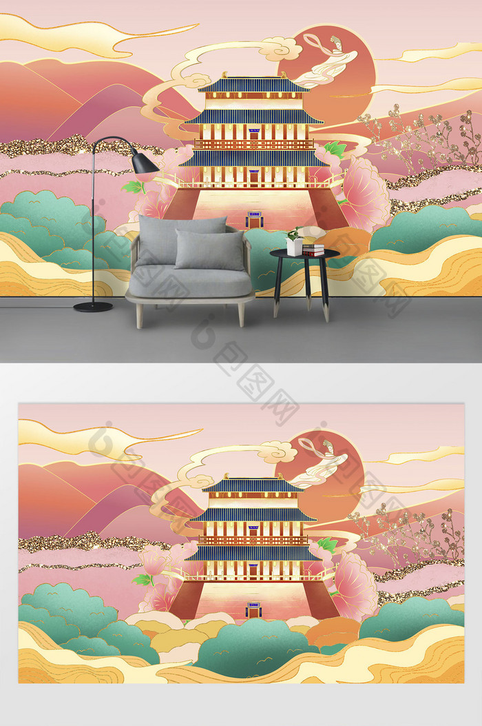 现代粉色鎏金西安大唐芙蓉楼城市地标背景墙