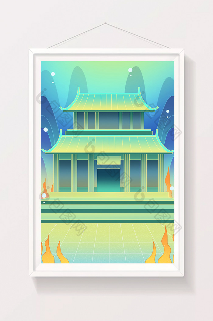 蓝色海洋海底龙宫传统建筑插画背景