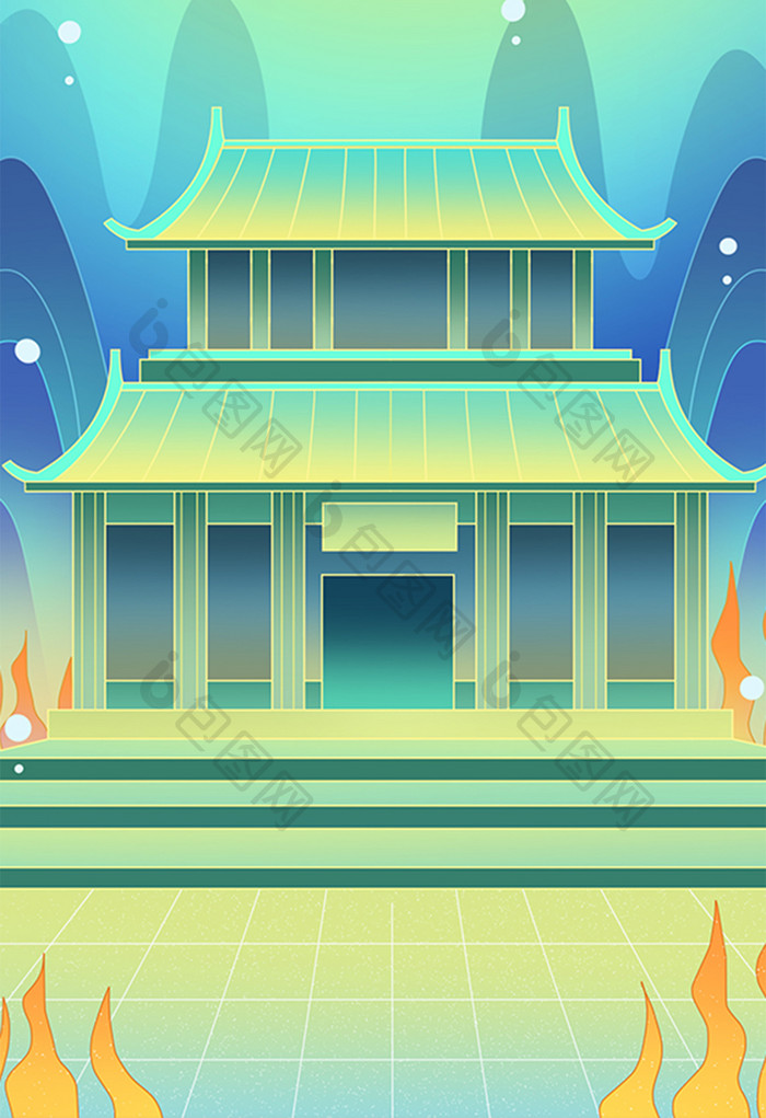 蓝色海洋海底龙宫传统建筑插画背景
